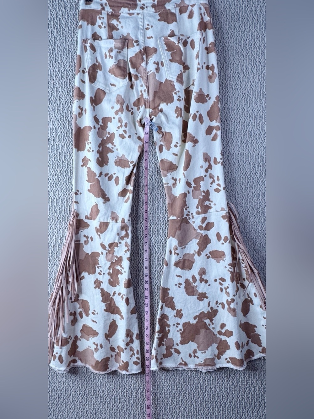 Altar’d State Cow Print Flare Pants M Fringe Western Boho Rodeo Festival Boho - Picture 3 of 9